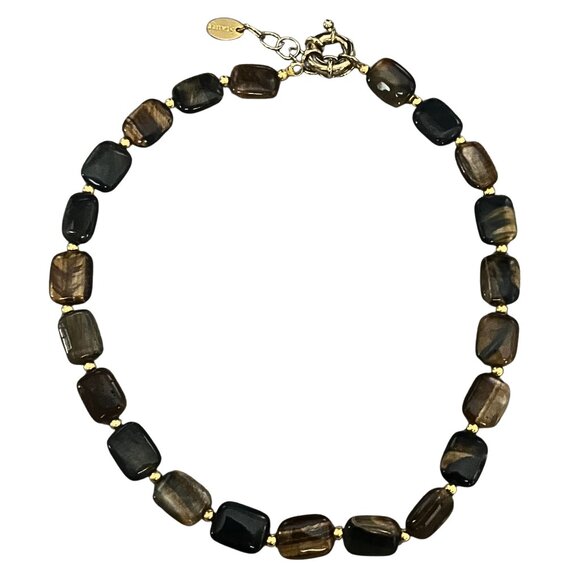 Polished Tiger’s Eye Jasper Signed Sauer Collar Statement Necklace Boho 17-19” - Picture 1 of 7